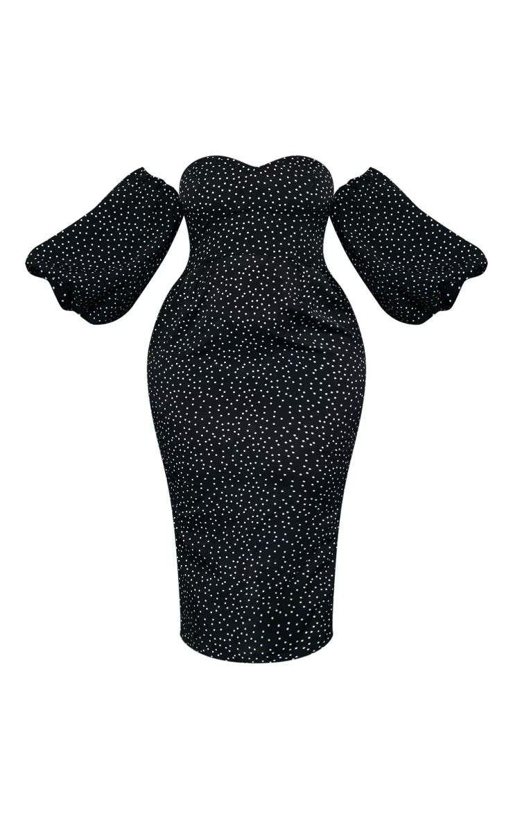 Plus Black Polka Dot Bandeau Puff Sleeve Midi Dress