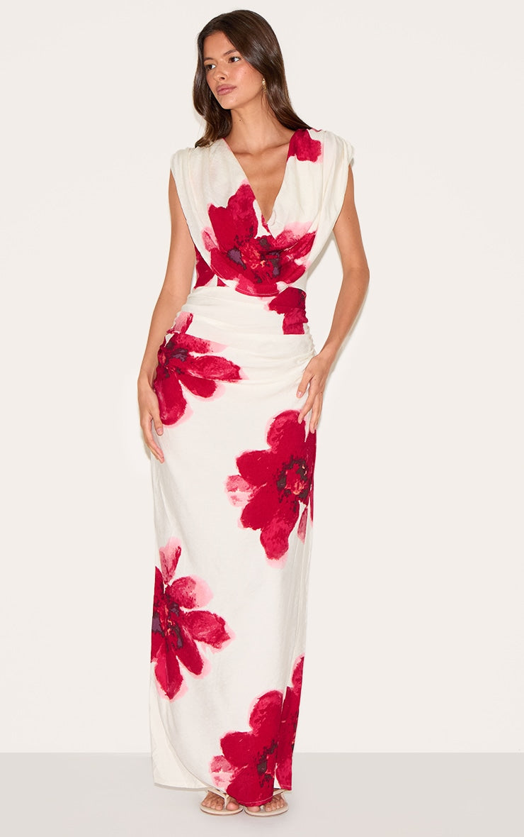 Red Printed Cowl Ruched Detail Maxi Dress