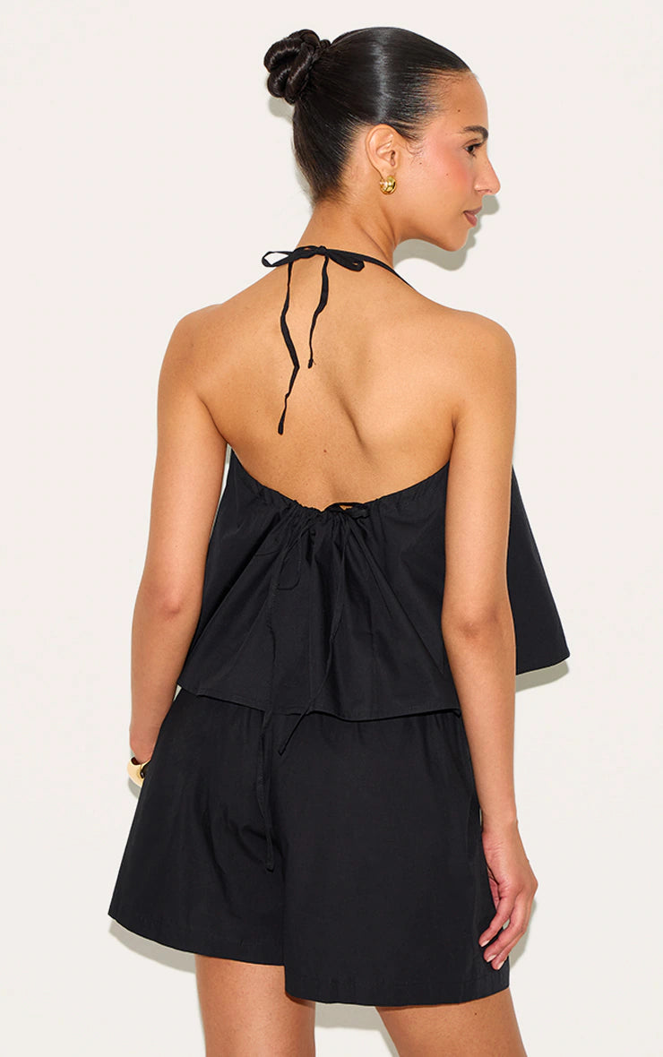 Petite Black Poplin Low Back Halterneck Top