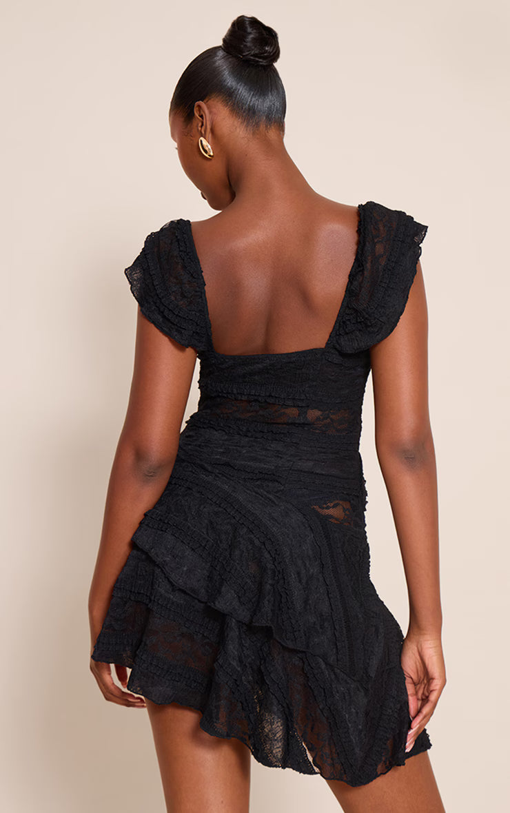 Black Lace Frill Detail One Mini Shift Dress