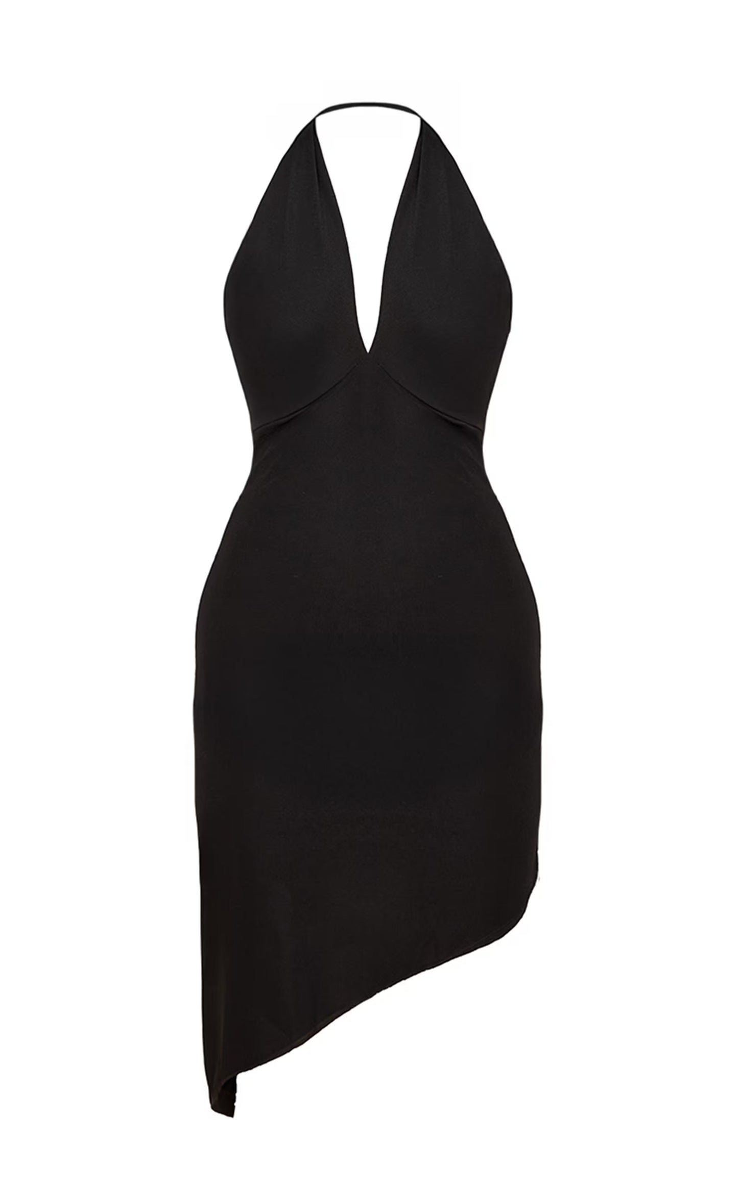 Black Double Layered Chiffon Plunge Neck Hanky Hem Dress