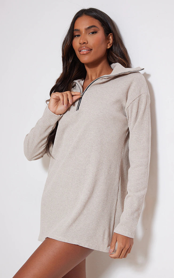 Sand Rib High Neck Half Zip Oversized Sweater Dress