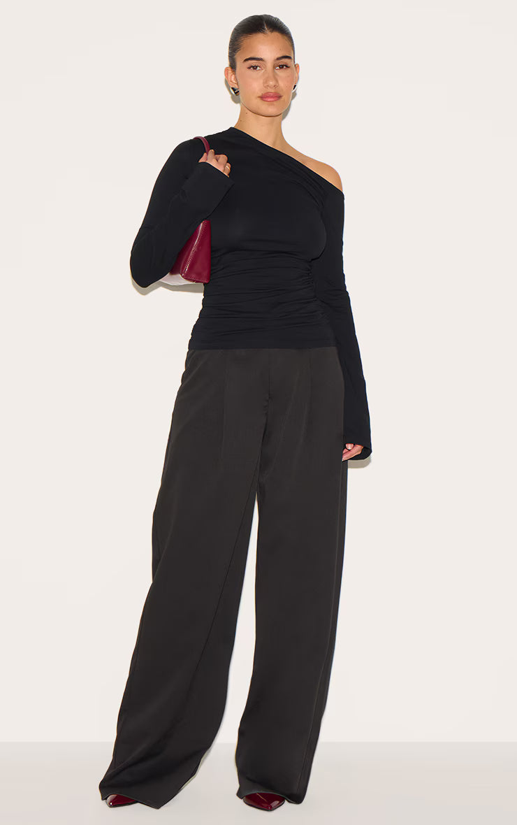 Black Asymmetric Ruched Flared Sleeve Long Top