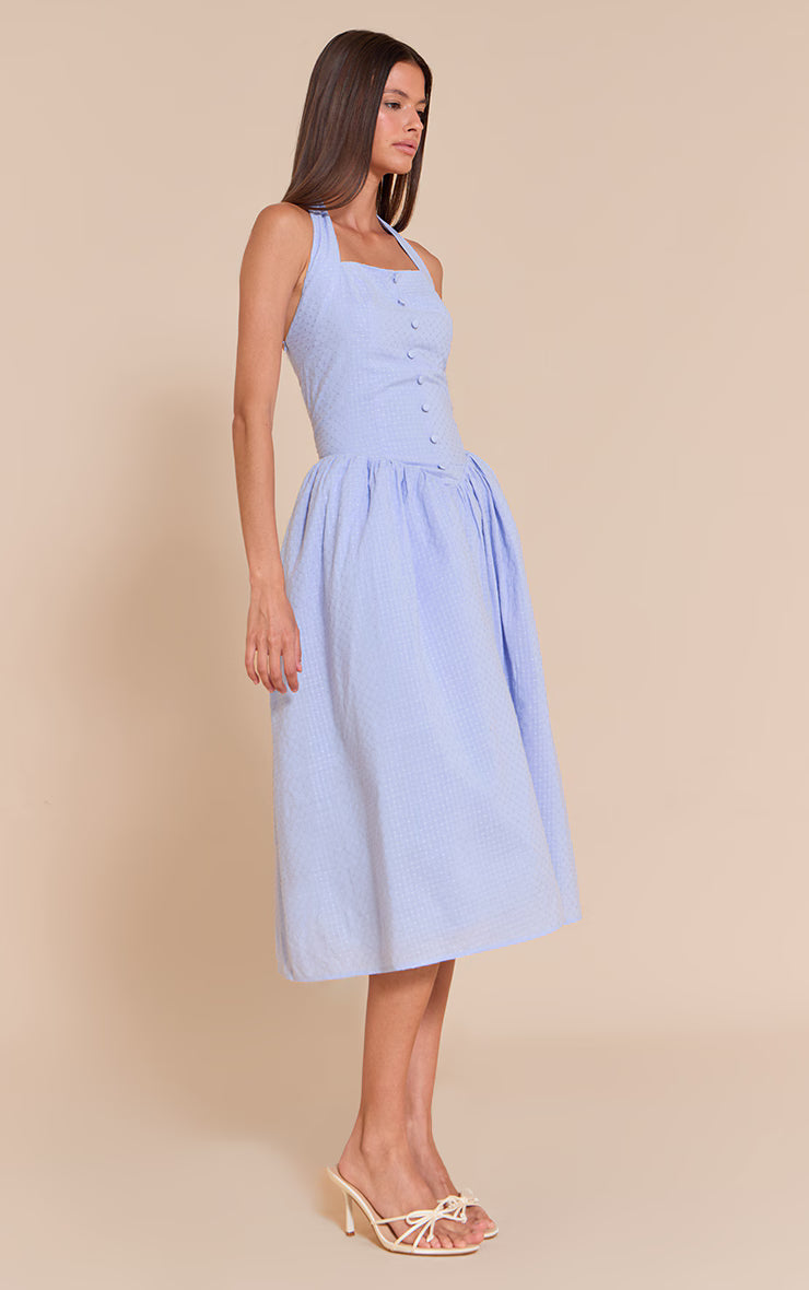Baby Blue Embroidered Cotton Halterneck Midaxi Dress