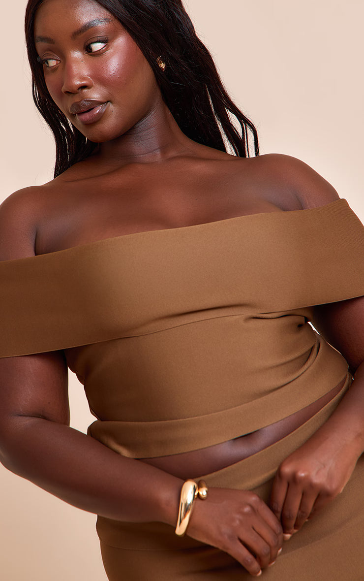 Plus Deep Chocolate Tailored Bandage Knit Asymmetric Fold Over Top