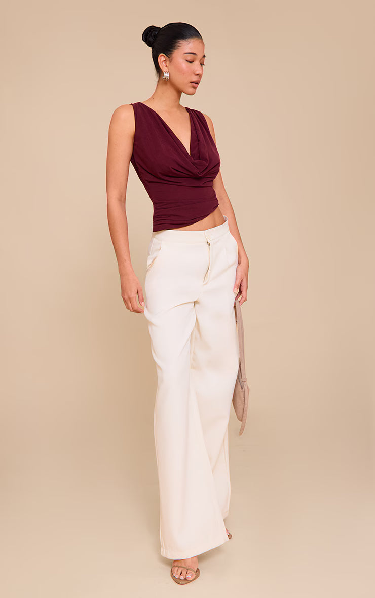 Wine Stretch Chiffon Cowl Neck Long Top