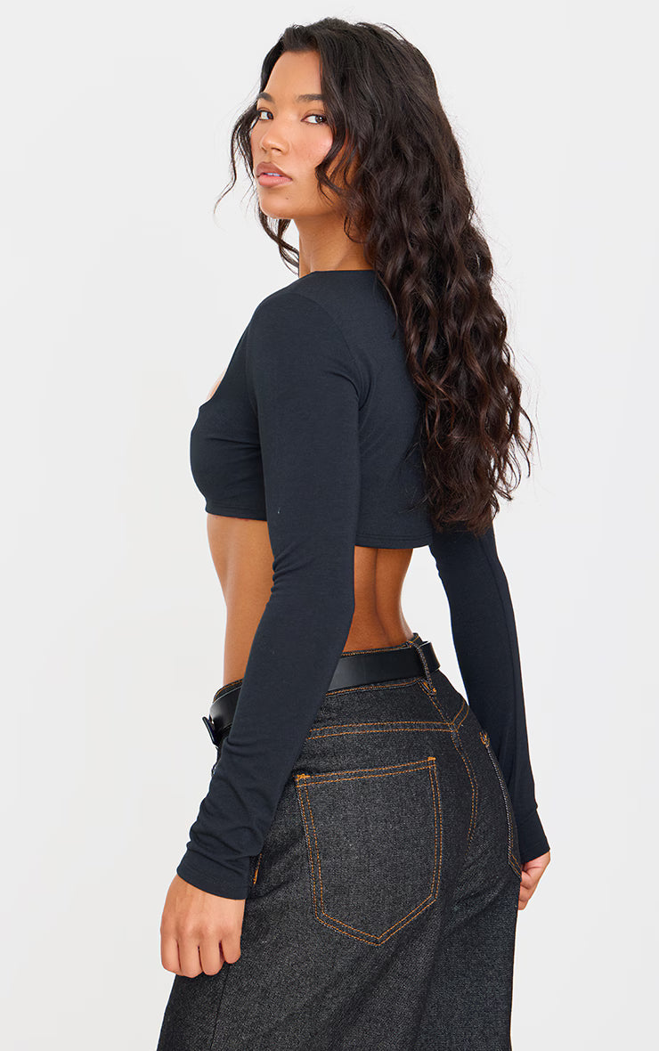 Black Contour Jersey Cropped Square Neck Top