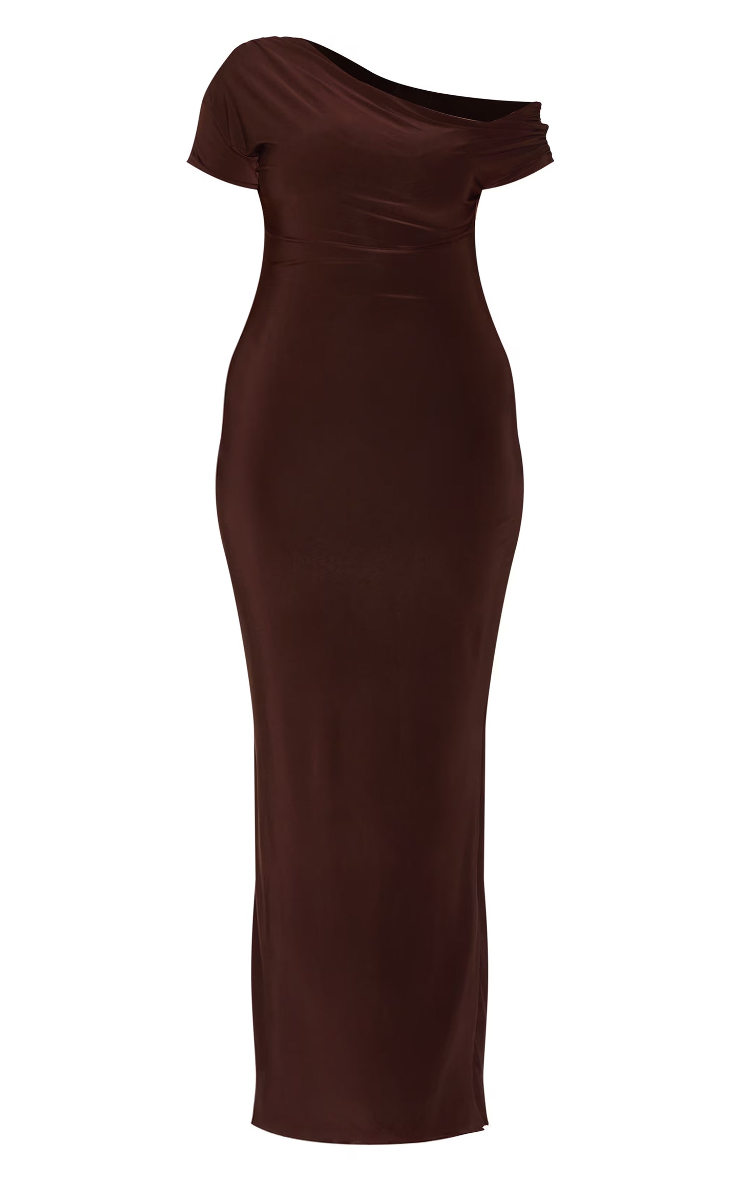 Plus Dark Chocolate Double Layer Slinky Asymmetric Ruched Sleeve Maxi Dress
