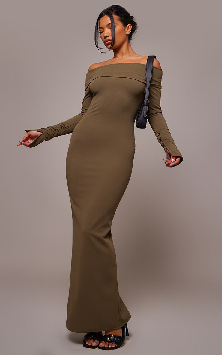 Khaki Crepe Long Sleeve Bardot Maxi Dress