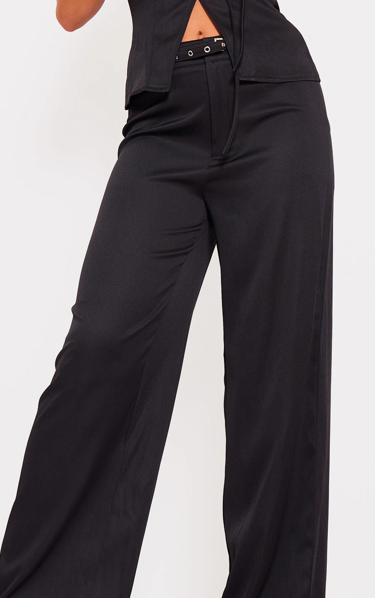 Black Woven Tailored Belt Detail Wide Leg Pants