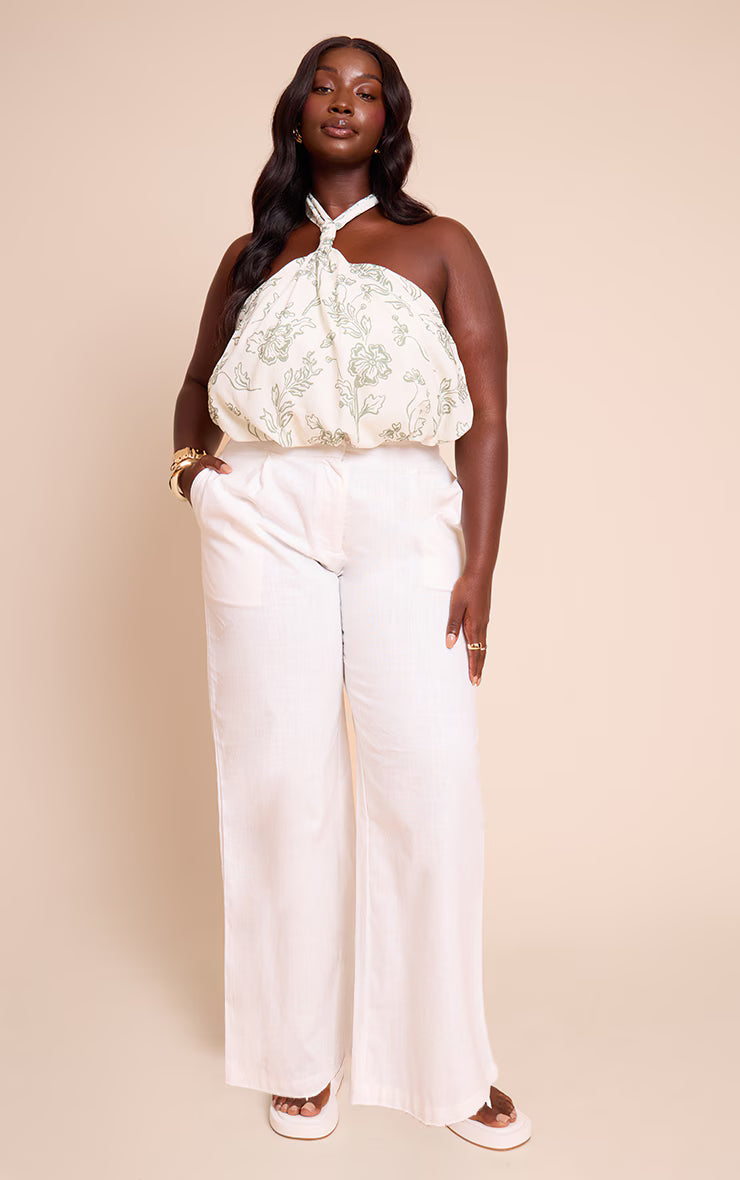 Plus Green Floral Halterneck Puffball Top
