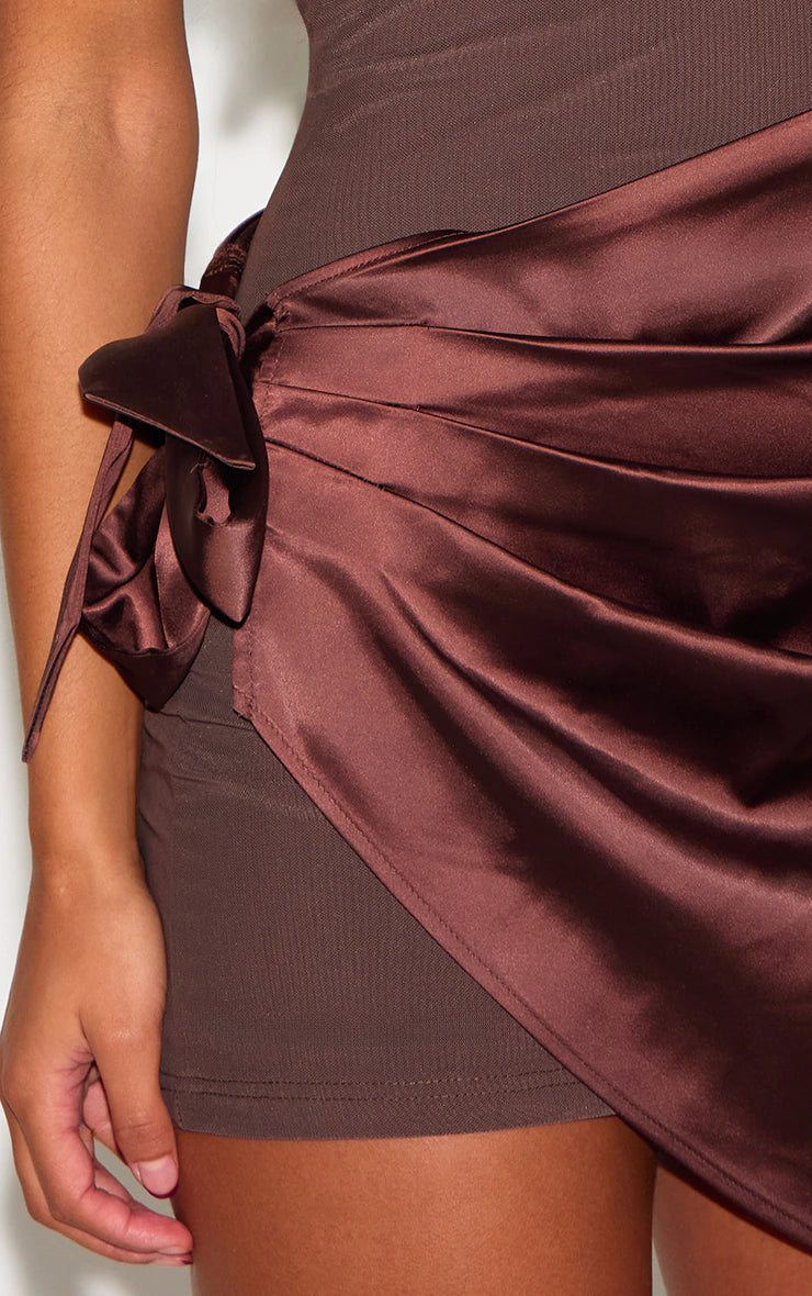 Chocolate Woven High Neck Satin Drape Mini Dress