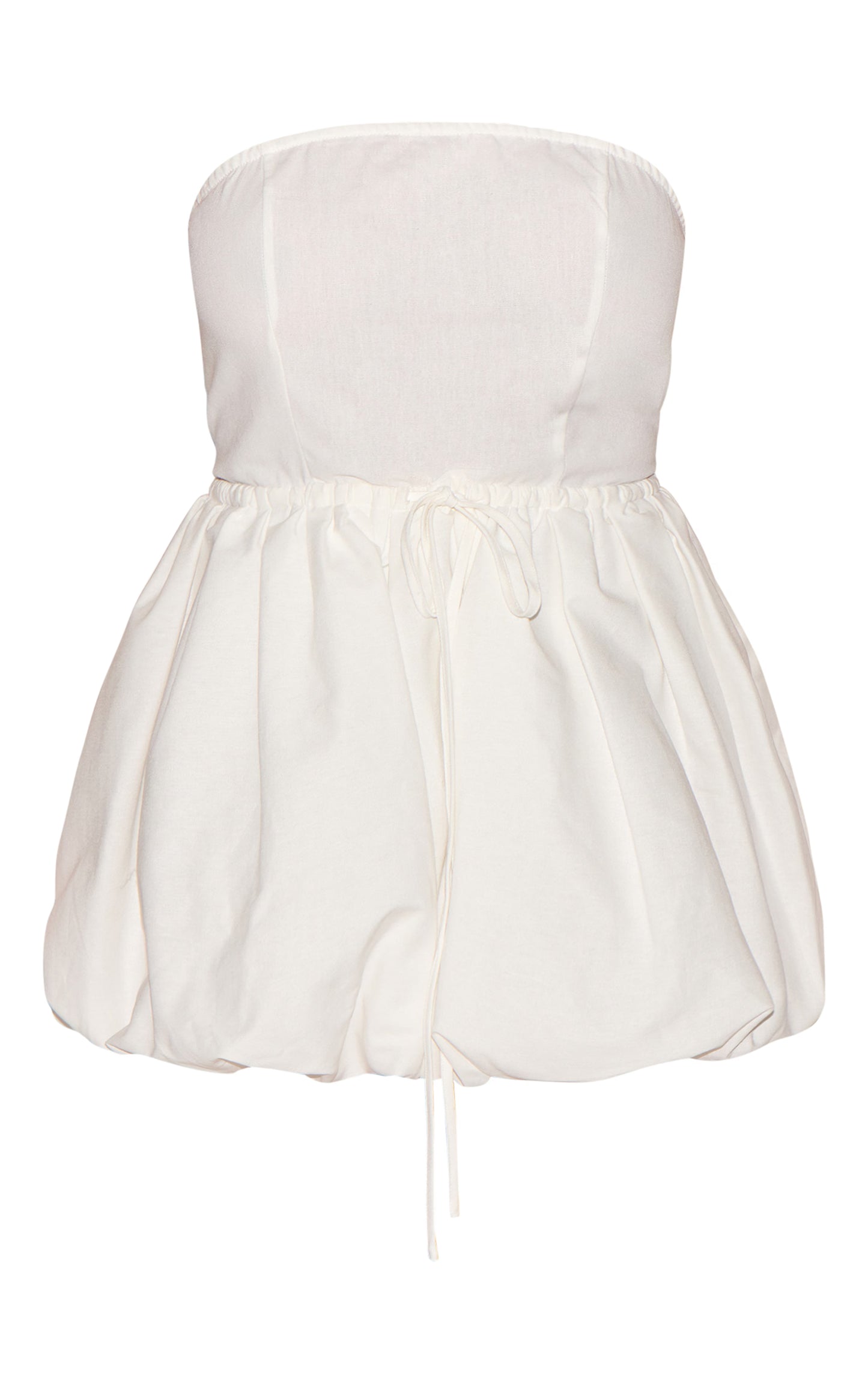 Plus White Textured Woven Bandeau Tie Waist Puffball Dress