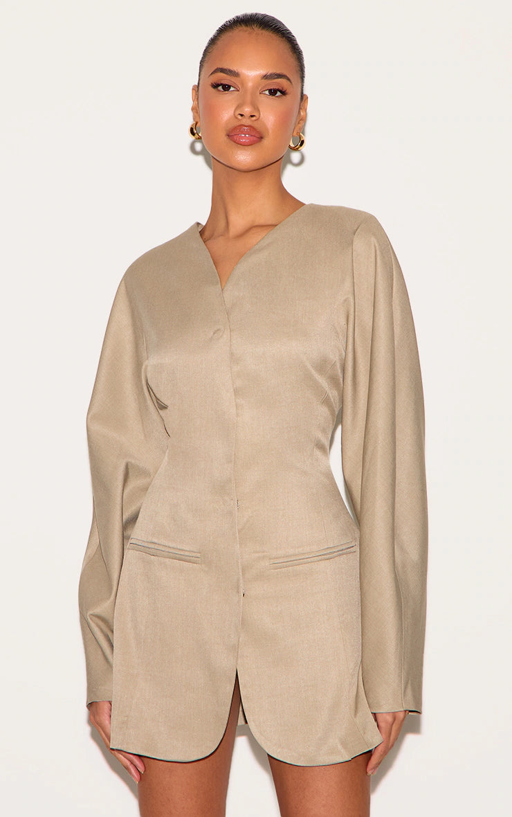 Clay Woven Balloon Sleeve Collarless Blazer Dress