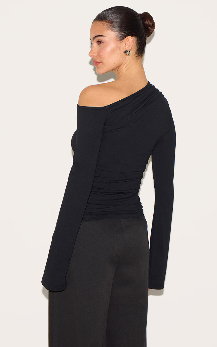 Black Asymmetric Ruched Flared Sleeve Long Top