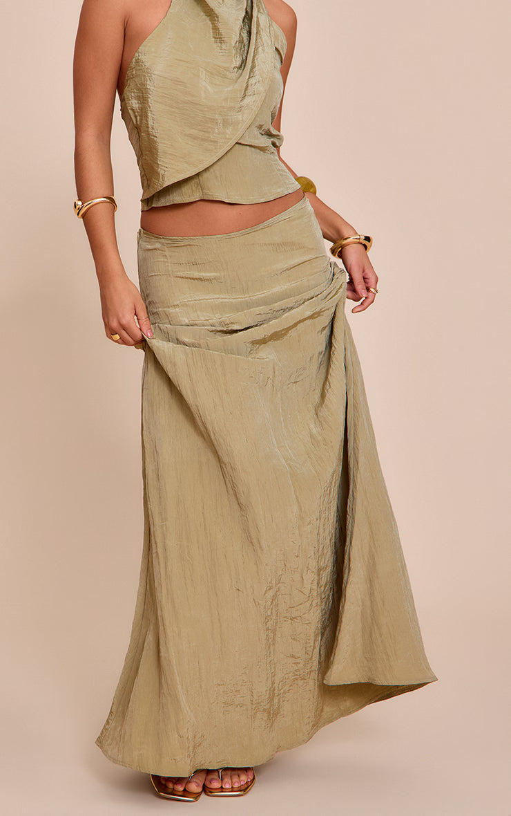 Sage Khaki Textured Woven Floaty Maxi Skirt