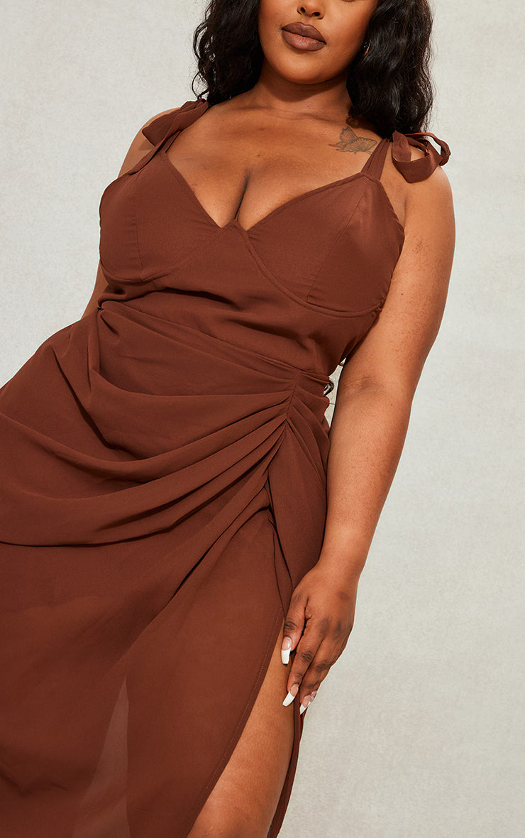 Plus Chocolate Underwire Detail Draped Midi Dress