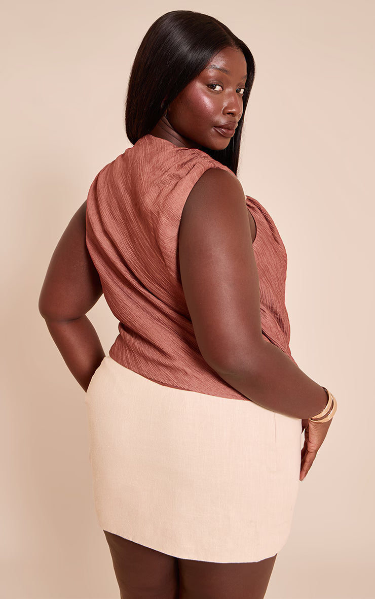 Plus Brown Textured Woven Trim Drape Top