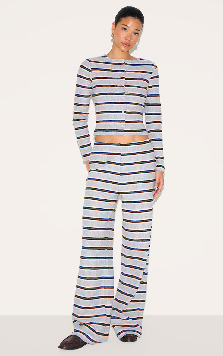 Grey Brushed Rib Striped Long Sleeve Button Up Top