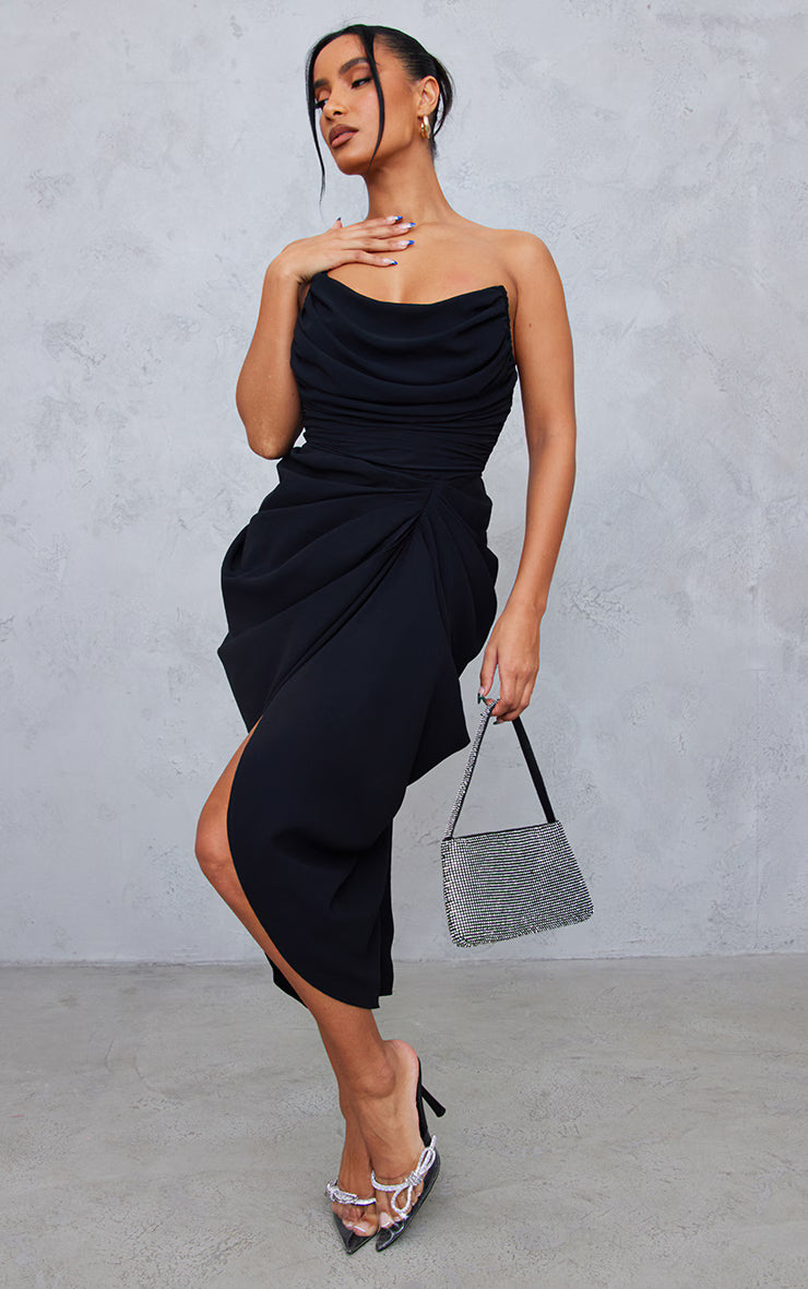Black Chiffon Corset Bandeau Draped Midi Dress