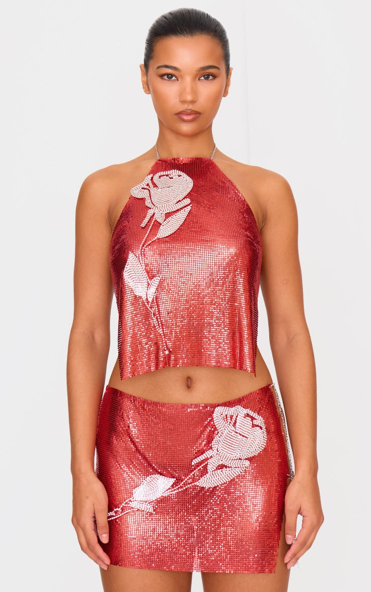 Red Chain Mail Rose Diamante Micro Mini Skirt