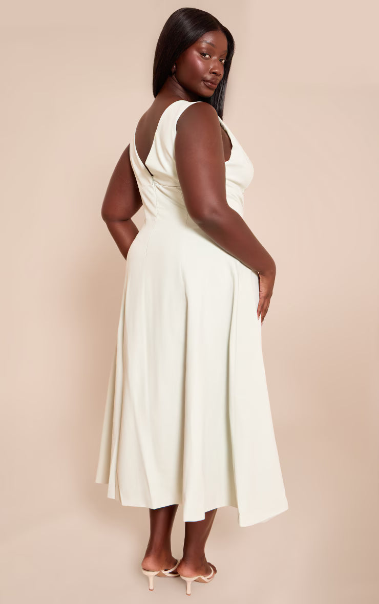 Plus Sage Green Tailored Woven Plunge Button Down Midi Dress