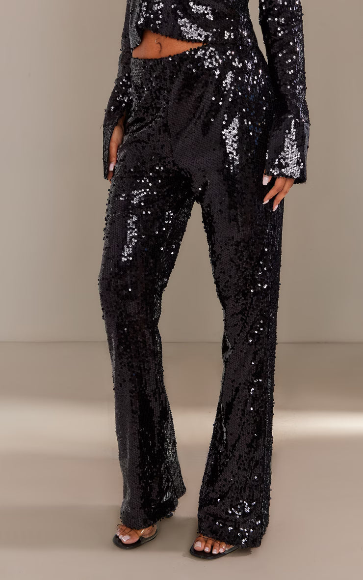 Black Sequin Low Rise Flared Pants