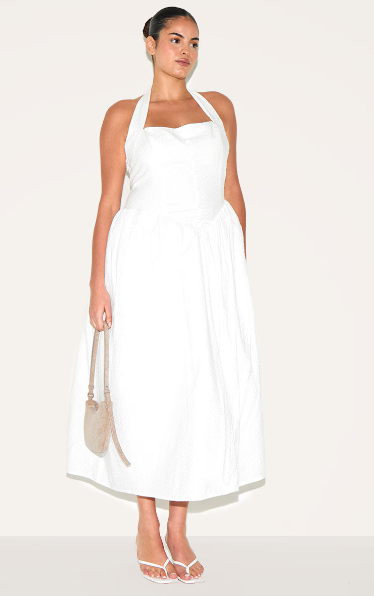 Plus White Embroidered Cotton Halterneck Midaxi Dress