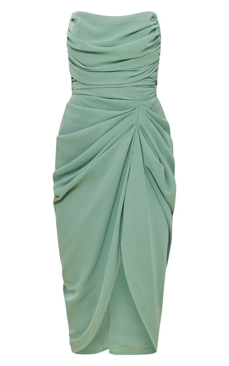 Sage Green Chiffon Corset Bandeau Draped Midi Dress