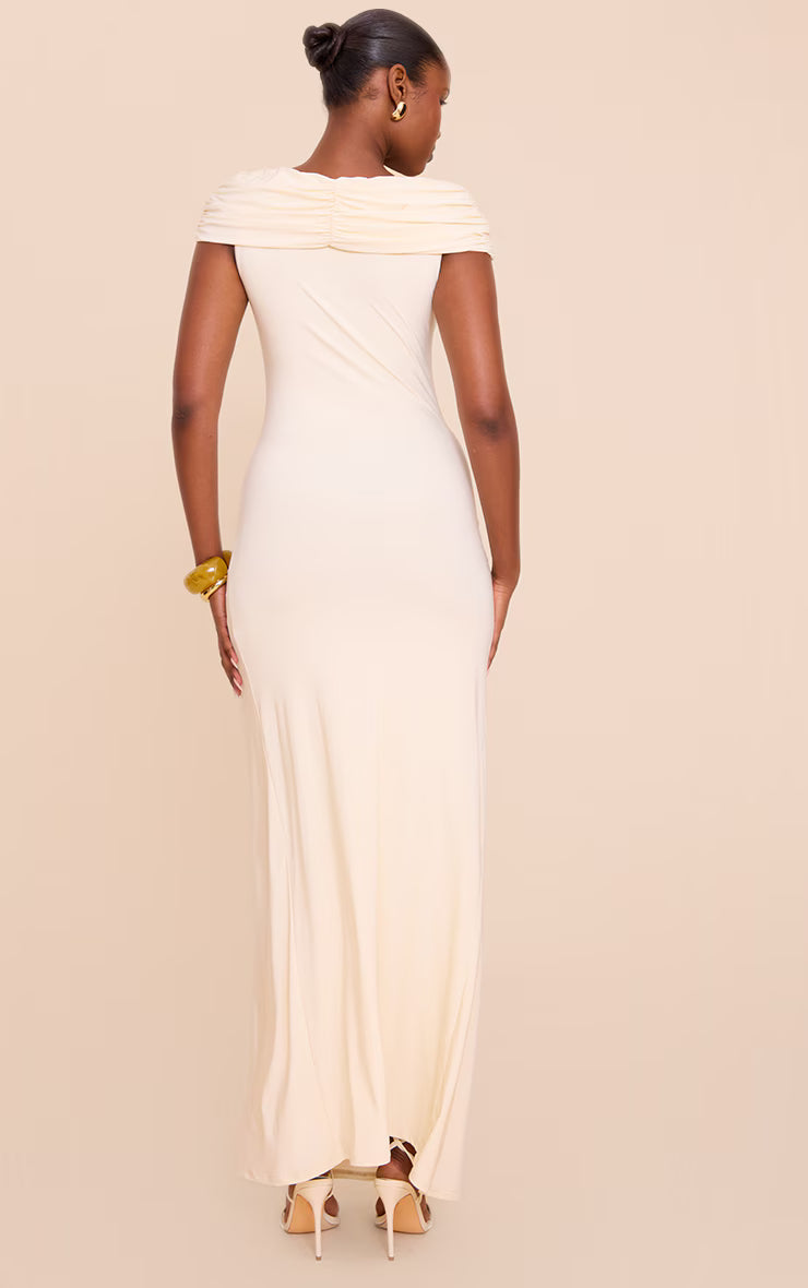 Almond Slinky Bardot Ruched Detailing Maxi Dress