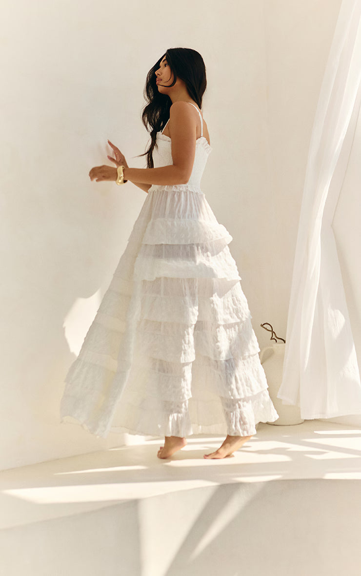 White Textured Shirred Tiered Maxi Dress