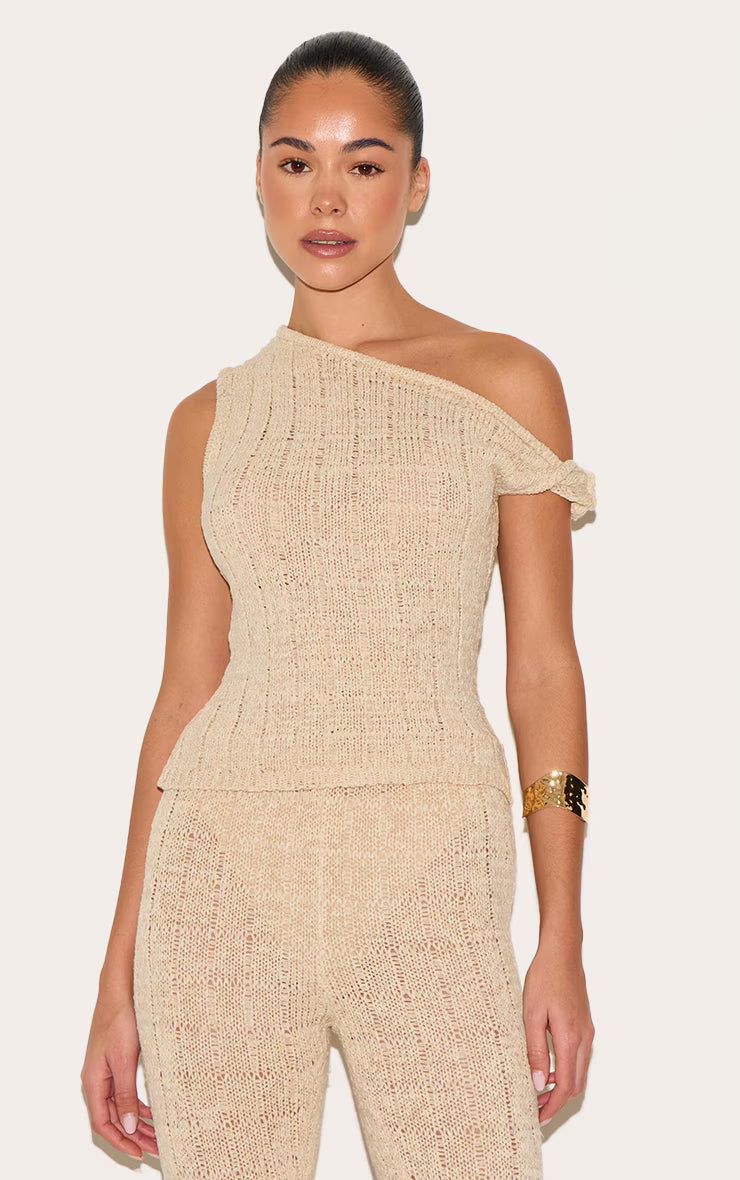 Oatmeal Textured Filigree Knit Wide Leg Pants