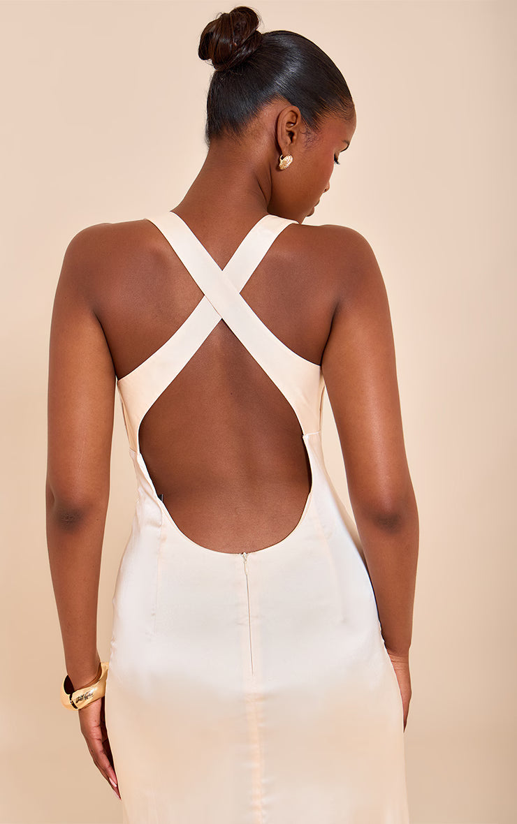 Natural Satin Cross Back Midaxi Dress