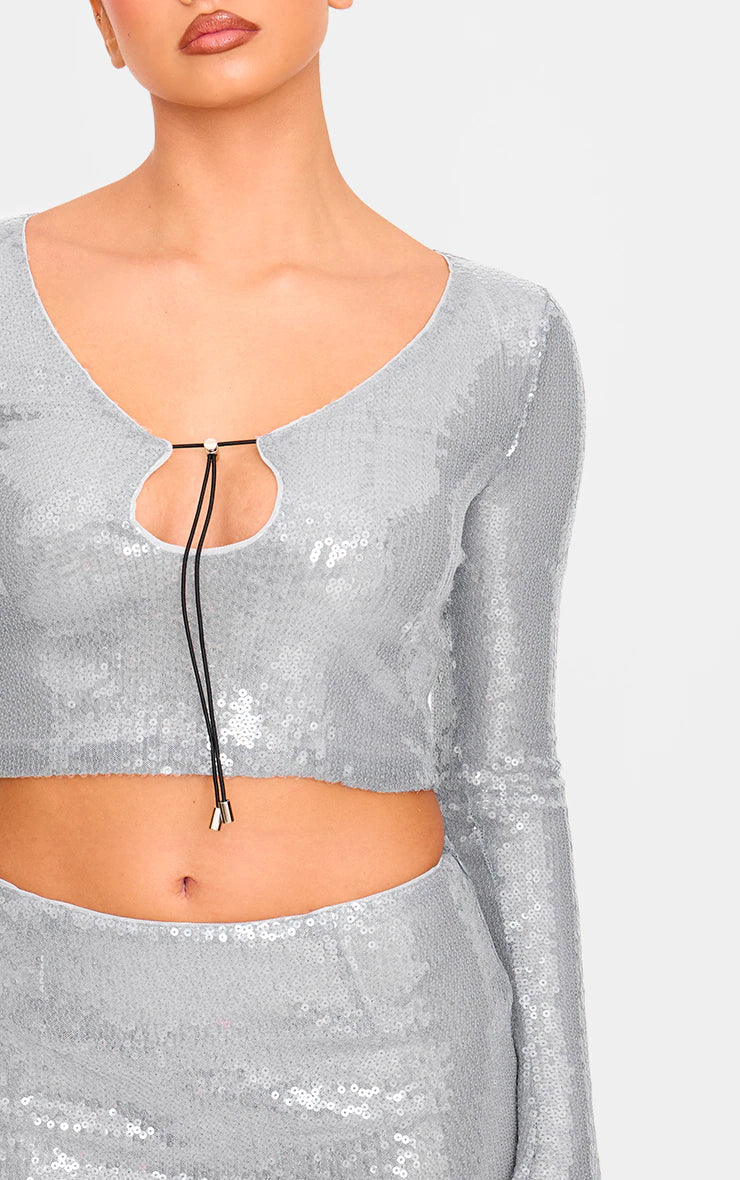 Silver Sequin Long Sleeve Tie Front Top