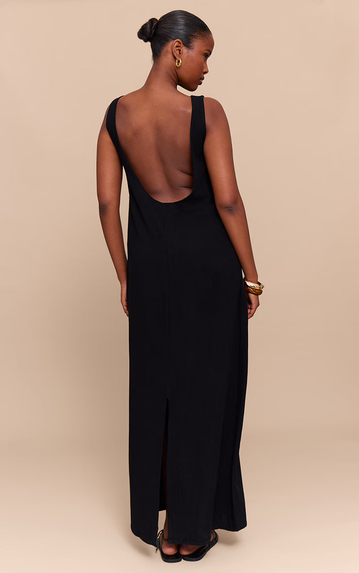 Black Textured Boat Neck Low Back Maxi Dress