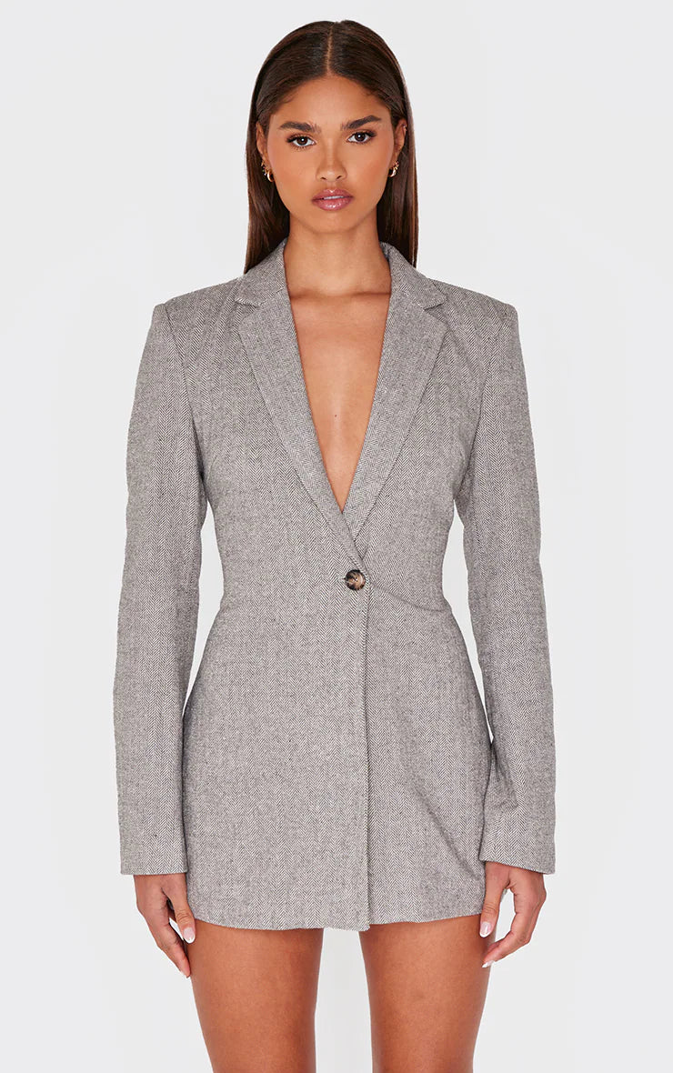 Grey Structured Long Sleeve Blazer Dress