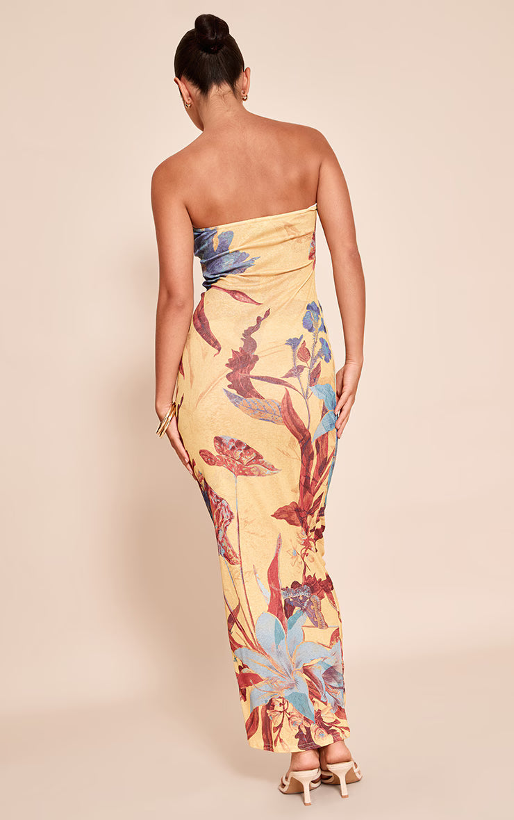 Yellow Floral Abstract Printed Onion Skin Bandeau Maxi Dress