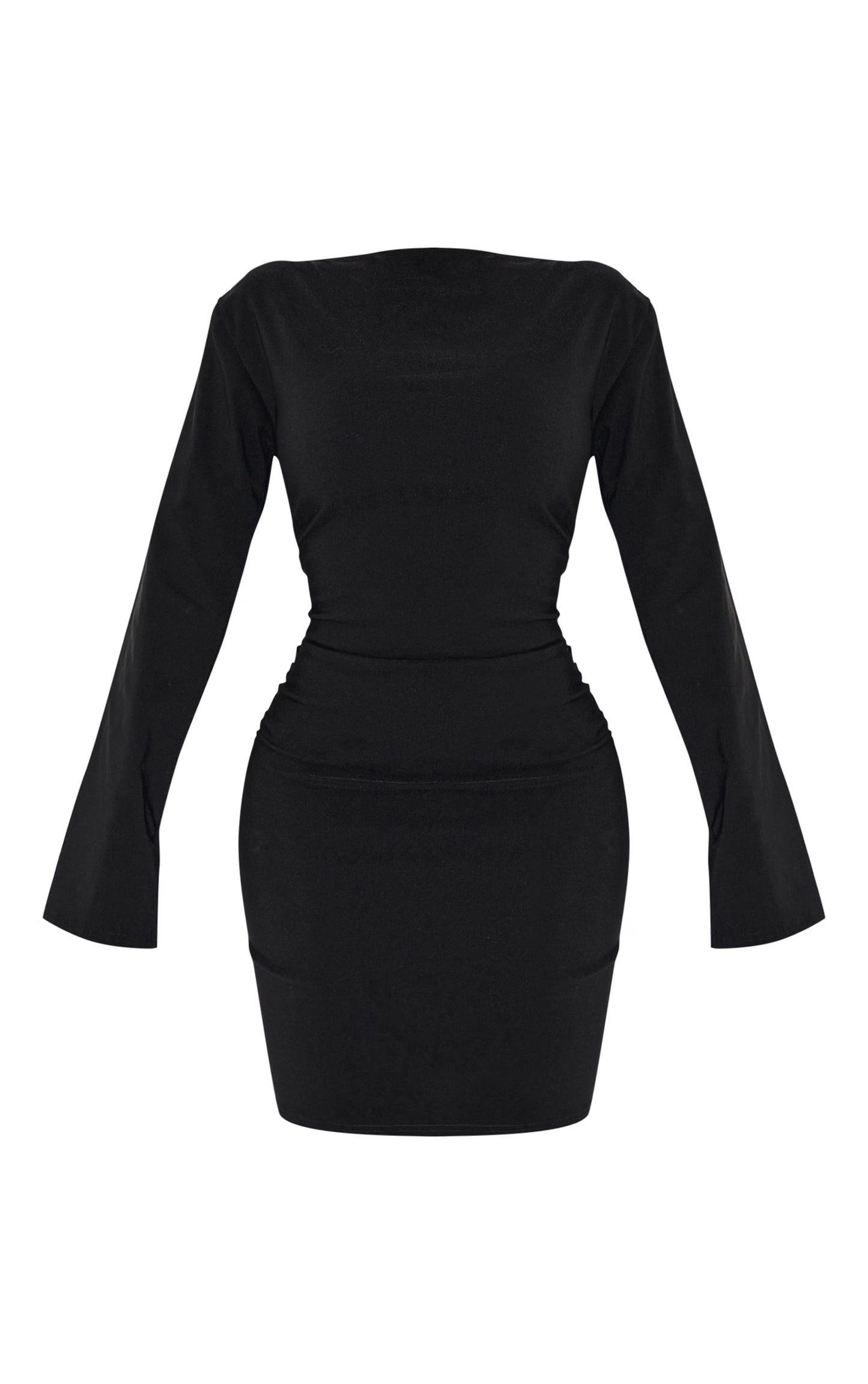 Shape Black Stretch Woven Boat Neck Ruched Waist Mini Dress