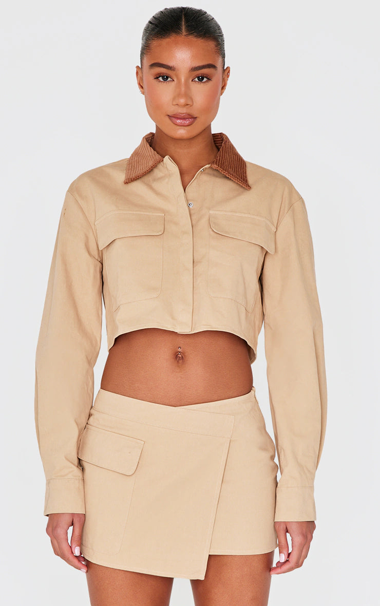Beige Woven Cargo Wrap Mini Skirt