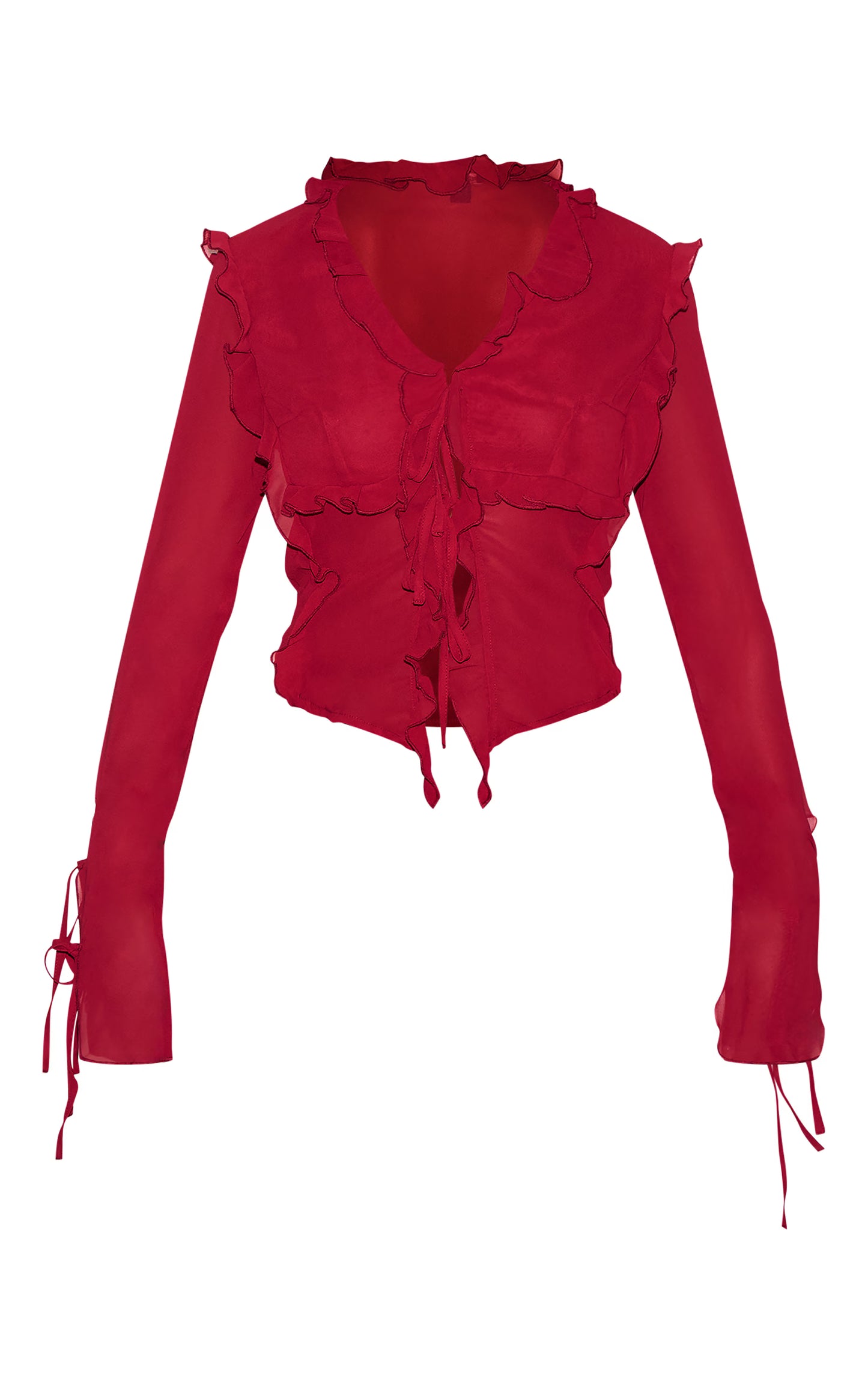 Burgundy Chiffon Ruffle Tie Front Blouse