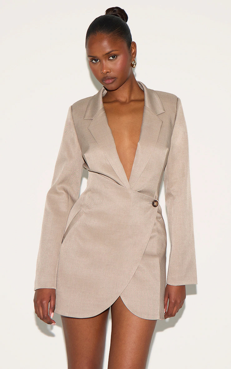 Taupe Woven Wrap Skirt Blazer Dress