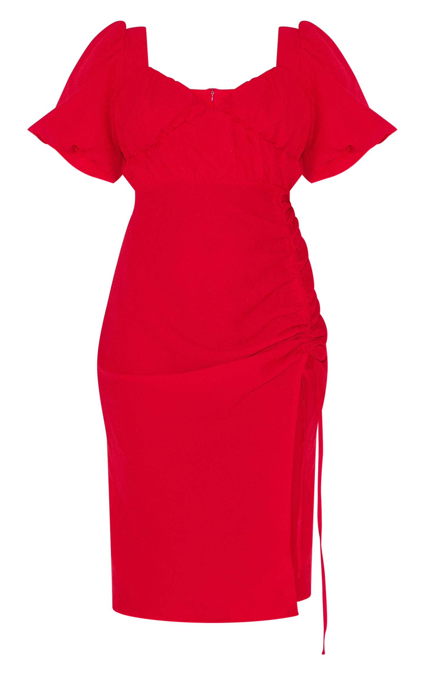 Plus Red Puff Sleeve Ruched Split Side Midi Dress