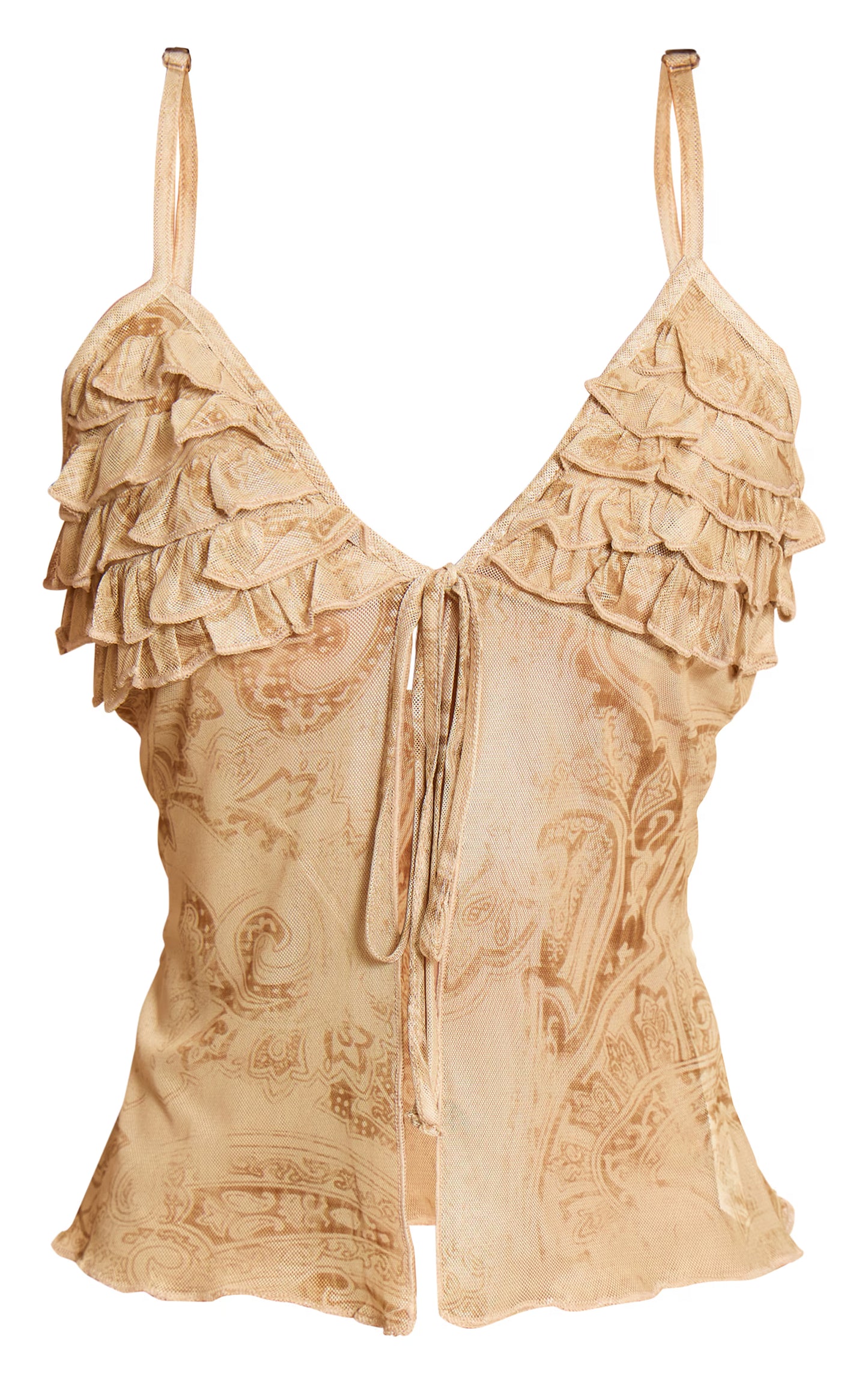 Stone Paisley Printed Mesh Ruffle Bust Tie Front Top