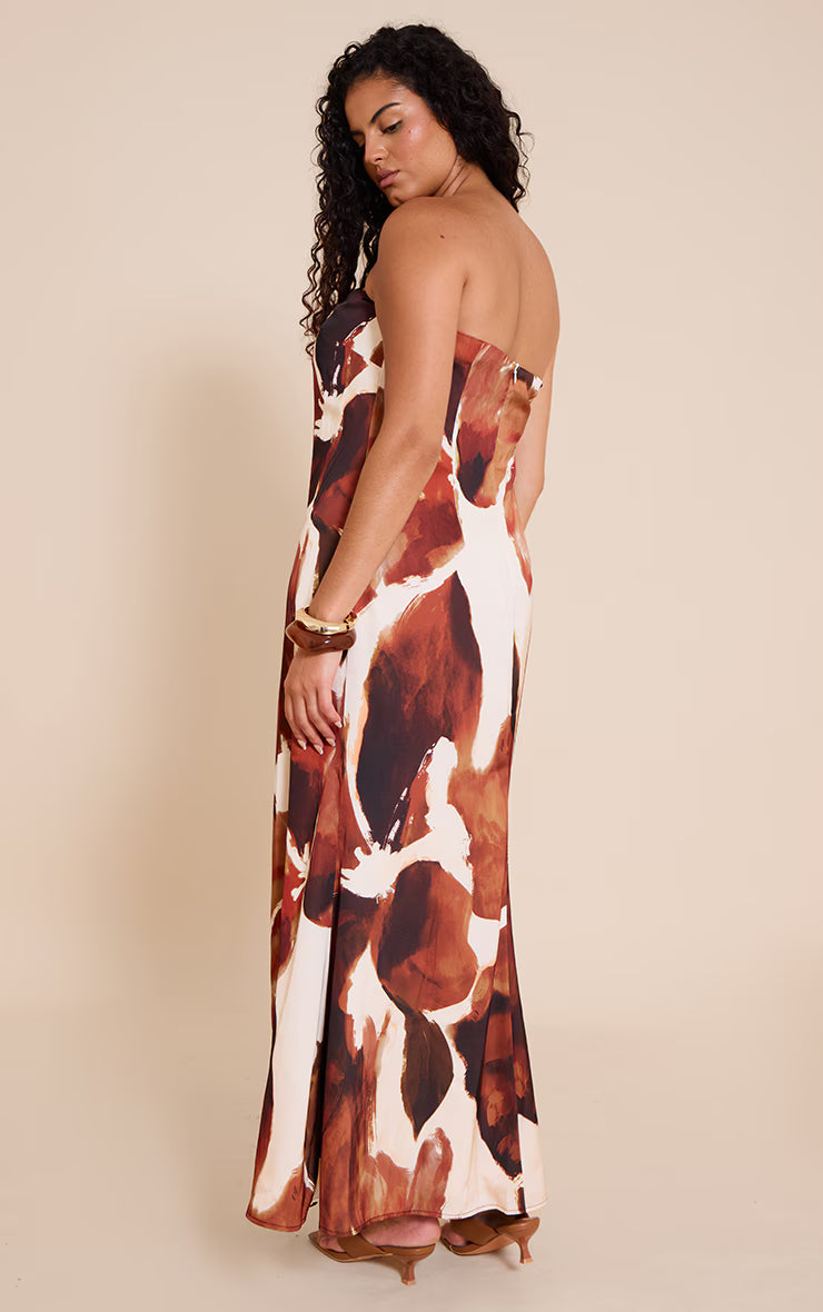 Plus Brown Floral Satin Maxi Dress