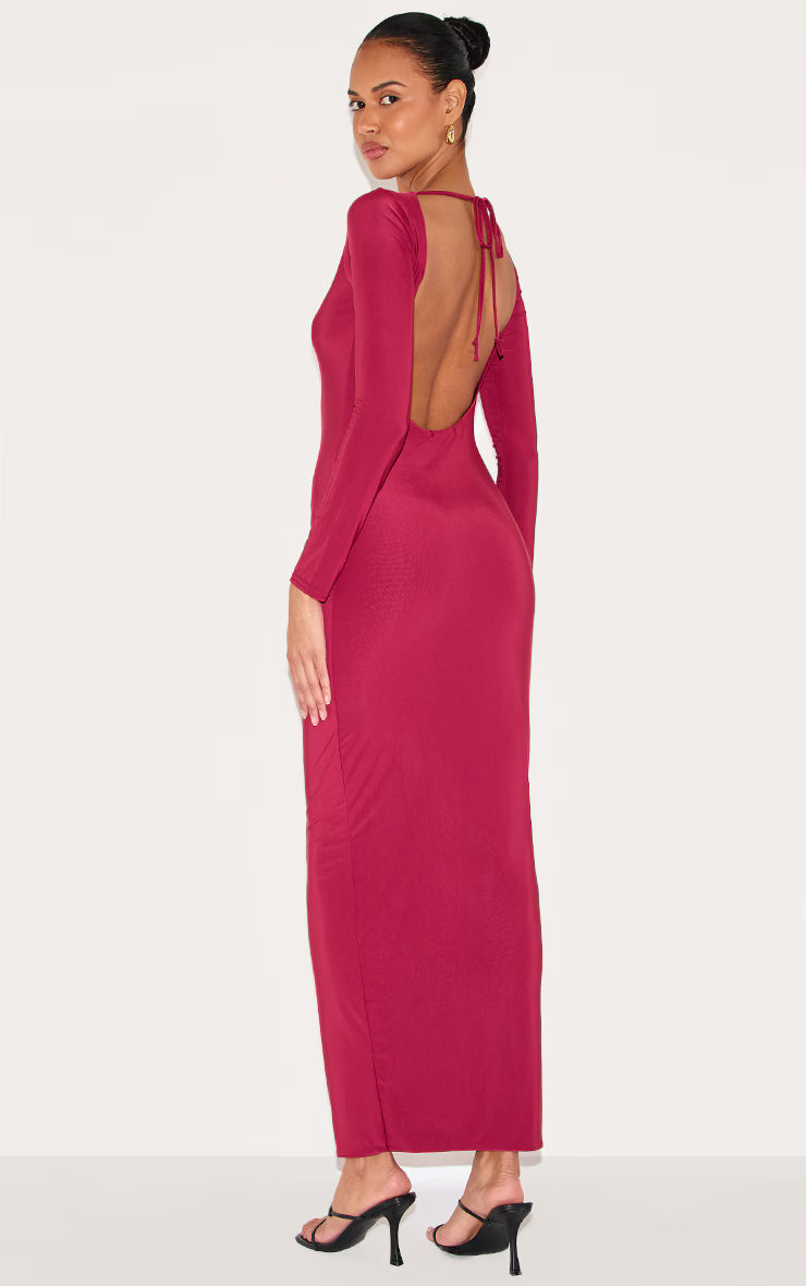 Wine Double Layer Slinky Maxi Dress