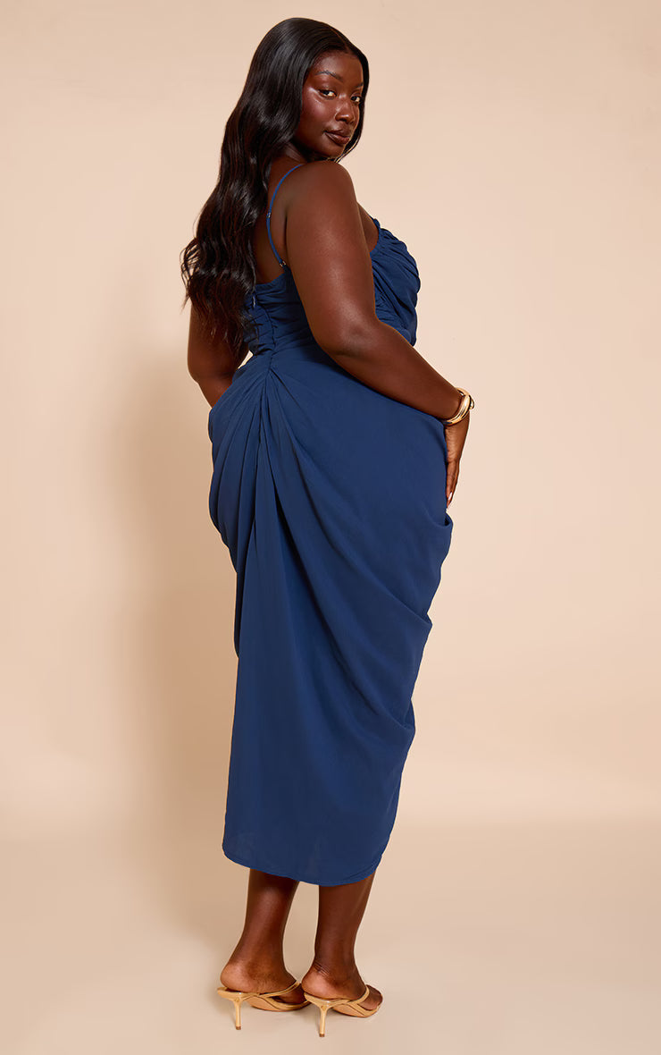 Plus Navy Chiffon Ruched Drape Midi Dress