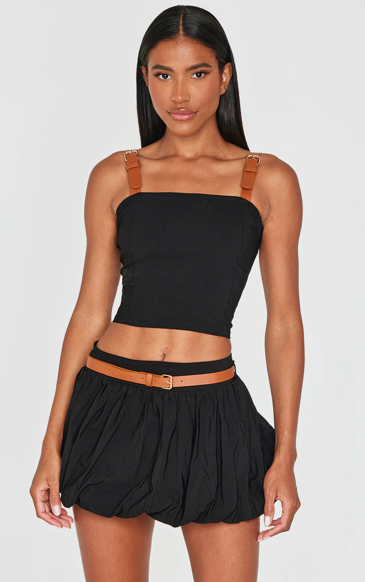 Black Woven Belted Puff Ball Skirt
