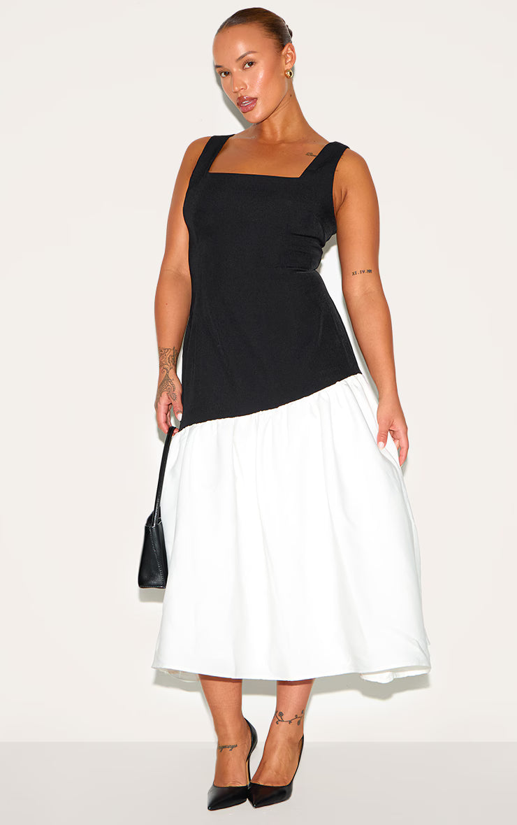 Plus Monochrome Contrast Pleated Hem Square Neck Midaxi Dress