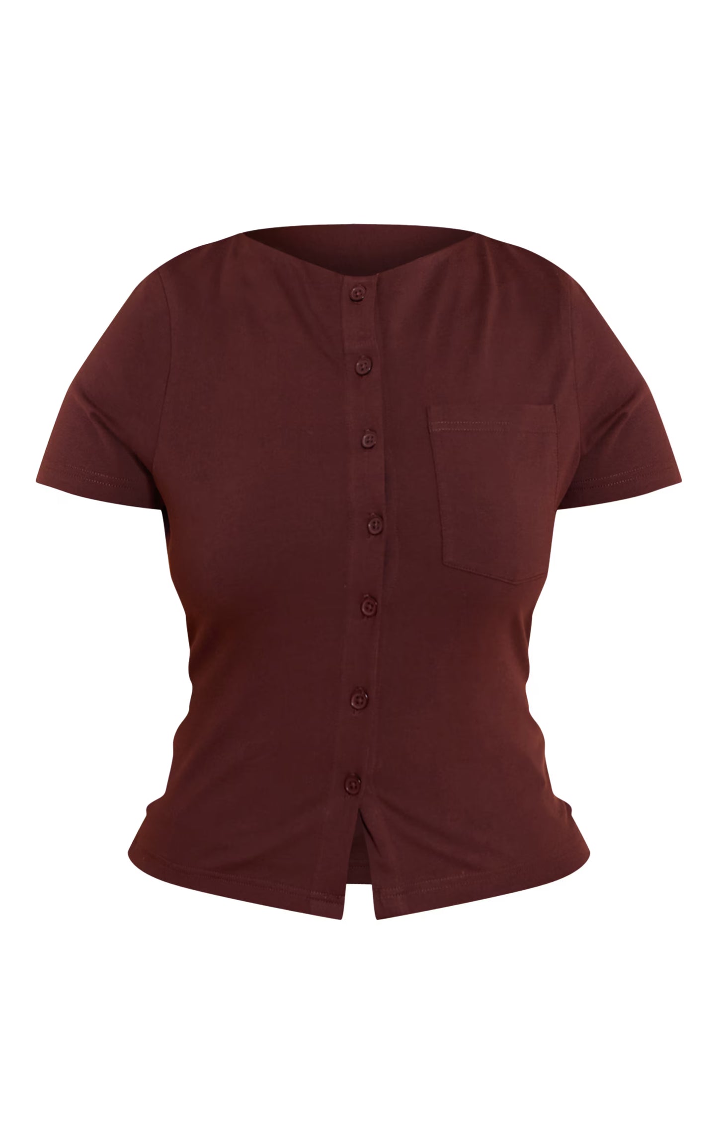 Shape Chocolate Boat Neck Button Front Pocket Detail T-shirt