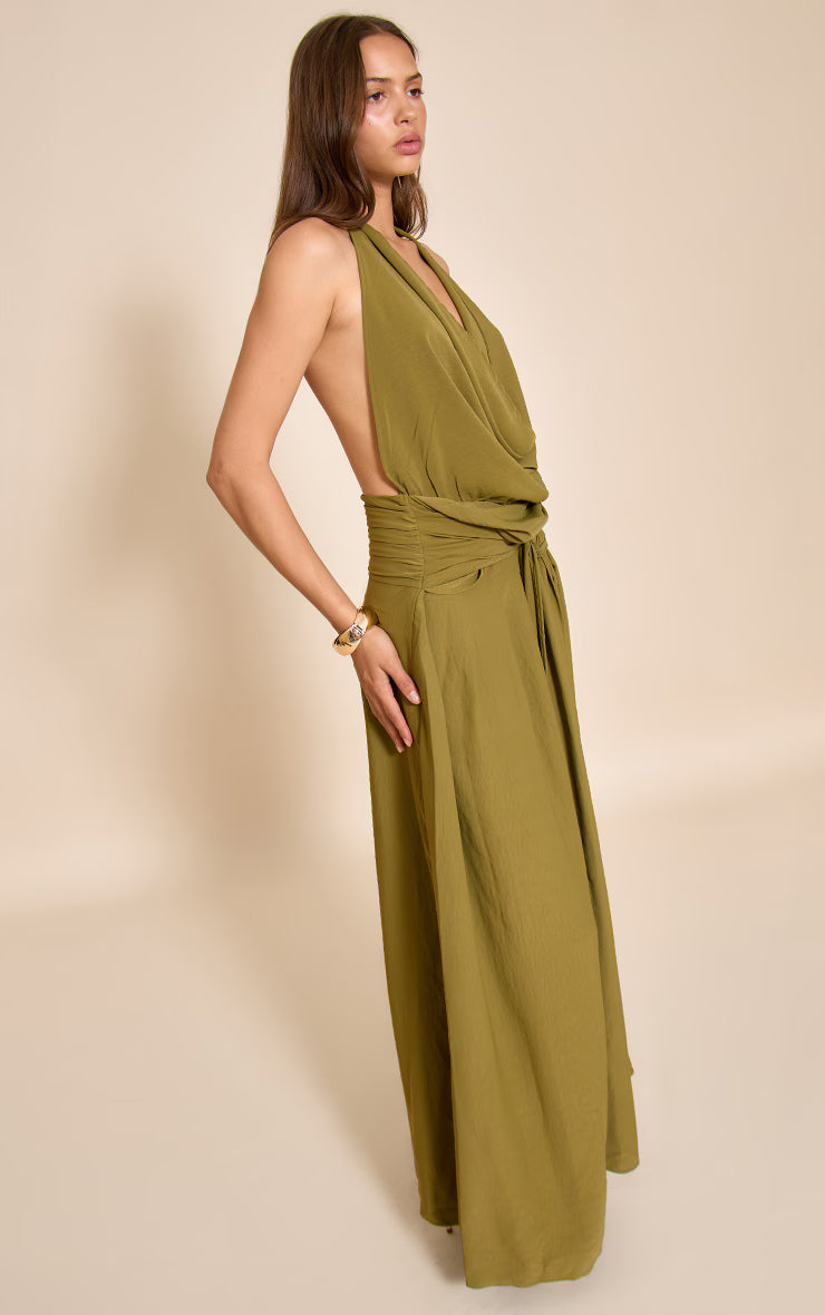 Olive Floaty Woven Cowl Neck Low Back Maxi Dress